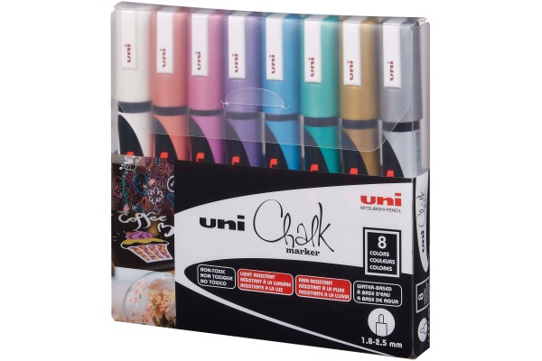 Marqueur craie liquide Uni-ball PWE,
assortiment 8 couleurs métalliques