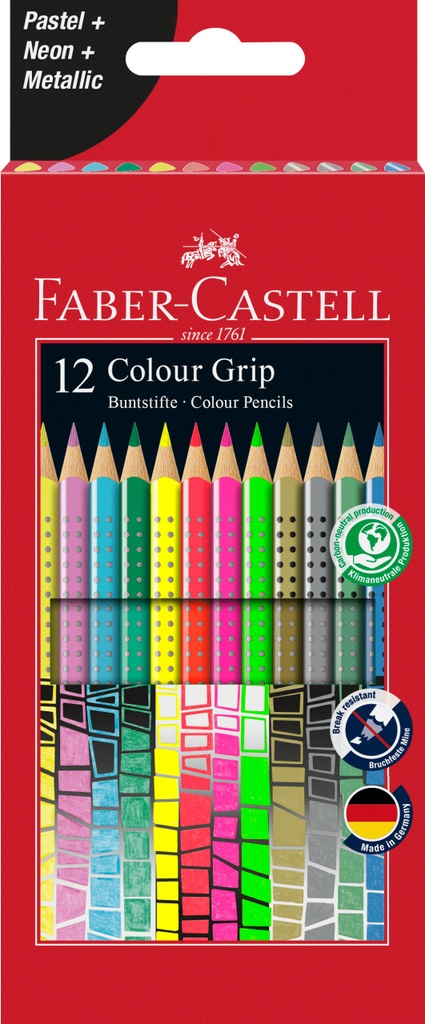 Crayons de couleur Faber-Castell Grip 2001, assortiment 12 couleurs (pastel + néon + métallic)
