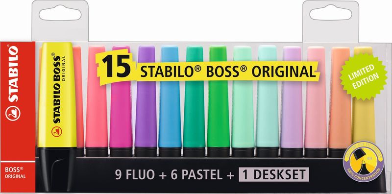Textmarker Stabilo Boss Original Tischset Sortiment von 15 Farben