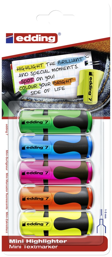 Surligneurs Edding Mini 7, assortiment de 5 couleurs