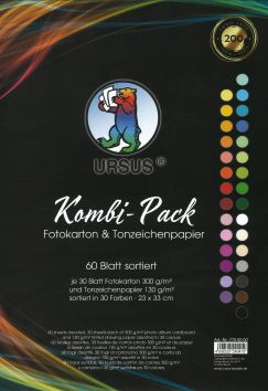 Kombi-Pack 60 feulles assorties, 30 feuilles de carton 300 g/m2 et de papier à dessin de couleur 130 g/m2 assorties en 30 couleurs, 23 x 33 cm