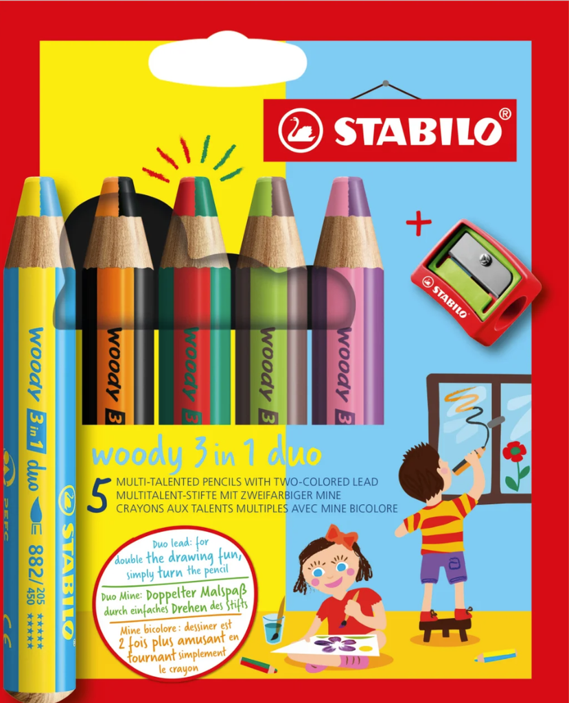 Crayons de couleur Stabilo Woody 3in1 duo, assortiment 5 pièces avec aiguise-crayons