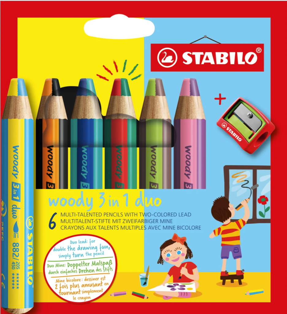 Crayons de couleur Stabilo Woody duo 3in1, assortiment 6 pièces avec aiguise-crayons