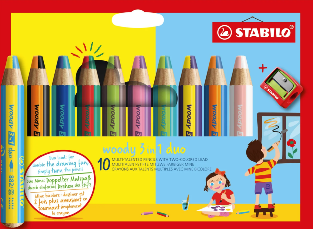 Crayons de couleur Stabilo Woody 3in1 duo, assortiment 10 pièces avec aiguise-crayons