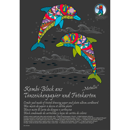 Kombi-Block, bloc mixte de papier à dessin et carton photo, 130 g/m2 + 300 g/m2, 23 x 33 cm, 30 feuilles assorties en 25 couleurs