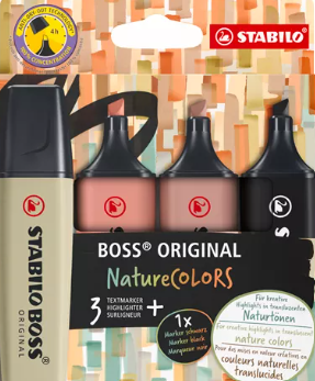Surligneur Stabilo  Boss couleurs nature , assortiment 4 couleurs vert boue,sienne,umbra-gris-vert,noir