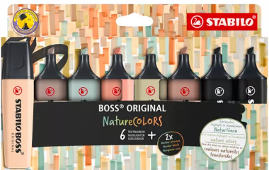 Surligneur Stabilo  Boss couleurs nature , assortiment 8 couleurs  2x noir, 1x vert boue,vert terre,umbra, sienna, beige, gris chaud